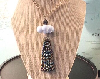 Get Off My Cloud: Vintage Lucite 1980s Fluffly Cloud Beaded Tassel Peacock Flapper Necklace