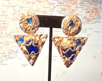 Totally Rad: Gold Blue Ice Rhinestone Triangle Dangle Oversized Geomteric 1980s Statement Pierced Earrings