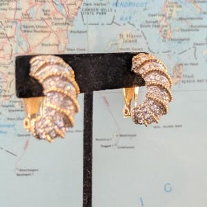 Vintage Disco Half Hoop Ice Rhinestone Gold Tone Swirl Metal Clip On Earrings
