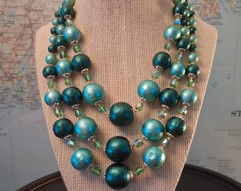Mint Julep: Vintage Green Aurora Borealis Multi Strand Bold Yet Light Rockabilly Necklace Adjustable