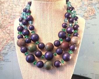 Vintage Eggplant Purple Hombre and Mint Green Aurora Multi Strand Bold Yet Light Rockabilly Necklace Adjustable