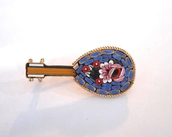 Play that Funky Music: Vintage Micro Mosaic Lute Mandolin Guitar Figural Music Instrument Brooch Pin