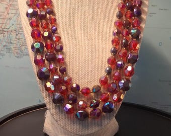 Raspberry Beret: Vintage Faux Aurora Borealis Plastic Multi Strand Bold Yet Light Rockabilly Necklace