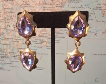 Pretty in Pink: Vintage 1990s Art Deco Revival Graziano Runway Gold Purple Rhinestone Mogul Dangle Clip On Earrings