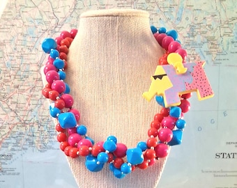 Totally Tubular: Vintage Lucite 1980s Re-Envisioned Pink, Red, Blue Cool Elephant Choker Necklace
