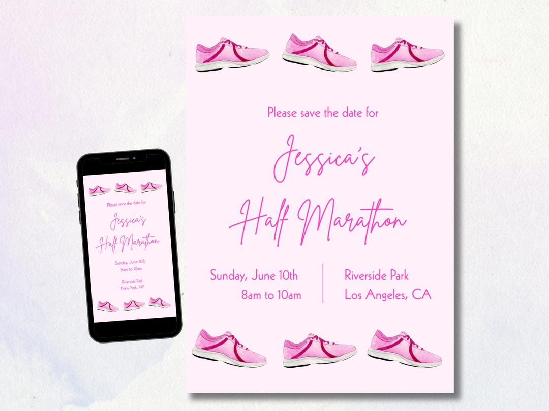 Run Invitations Pink Marathon Save the Date | 5K, 10K, or Half Marathon Race | Run Club ...
