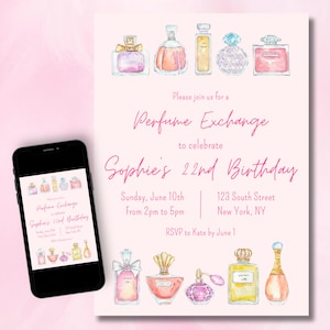 Bearbeitbar Parfüm-Börse Einladen | Pinkes Parfüm tauschen Brautparty, Junggesellinnenabschied, Geburtstagsfeier | DIY Canva Vorlage | Sofort Download