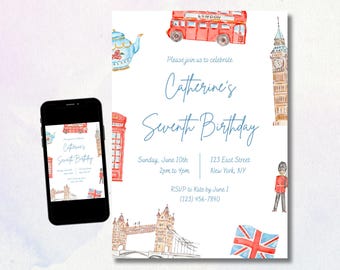 London-Geburtstags-Party einladen | Kinder British Tea Party | Bearbeitbare Canva Vorlage | Sofortiger digitaler Download