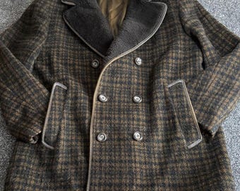 Vintage 1970s British Maculette Tweed Coat Double Breasted Wool Cashmere Lined L