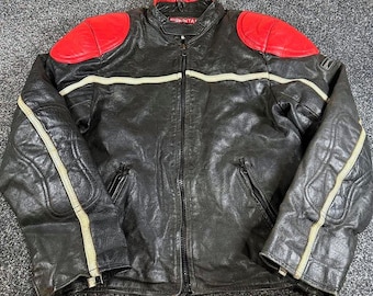 Skintan Vintage Leather Motorcycle Jacket Black/Red Biker Cowhide Retro Size 34