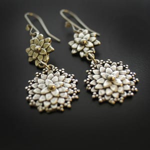 Handmade Dahlia & Mum Dangle Earrings – Sterling Silver or Bronze Botanical Flower Jewelry Nature Inspired Gift for Her Floral Drop Earrings
