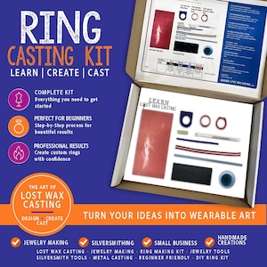 May include: Ring casting kit with the text "RING CASTING KIT LEARN | CREATE | CAST". The kit includes wax rings, wax sheets, and other tools. The box also has the text "LEARN LOST WAX CASTING" and "TURN YOUR IDEAS INTO WEARABLE ART".