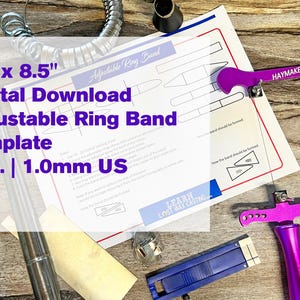 May include: A digital download template for an adjustable ring band, measuring 28 cm x 22 cm. The image includes a purple HAYMAKER tool, a blue tool, and a silver ring. The text on the template reads "Adjustable Ring Band Template 20g. | 1.0mm US".
