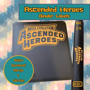 Pode incluir: Uma pasta preta com o texto "Ascended Heroes" em laranja e cinza. A imagem também inclui um dorso preto com "Ascended Heroes" impresso verticalmente e um gráfico circular que diz "Download digital! Arquivo PNG e arquivo SVG!"