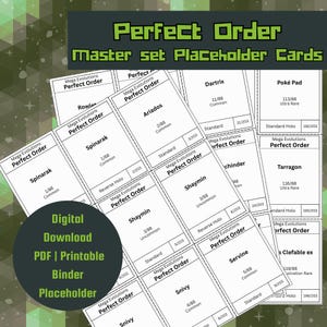 May include: A collection of white placeholder cards with black text, featuring the words "Perfect Order" and "Mega Evolutions." The cards are designed for a binder and include various Pokémon names and card details.