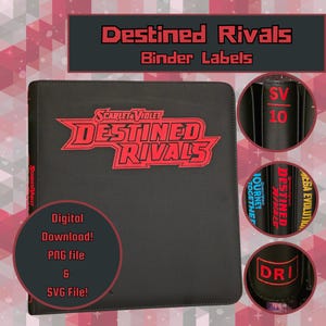 Könnte beinhalten: Schwarzer Ordner mit rotem Text, der "Destined Rivals" und "Scarlet & Violet" lautet. Der Ordner hat auch den Text "Binder Labels" oben. Das Bild enthält Informationen zum digitalen Download für PNG- und SVG-Dateien.