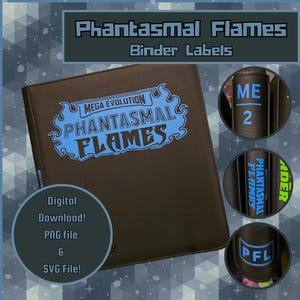 Könnte beinhalten: Ein schwarzer Ordner mit dem Text "Phantasmal Flames" in Blau. Der Ordner trägt auch den Text "Mega Evolution" und "Binder Labels". Das Bild enthält einen digitalen Download von PNG- und SVG-Dateien.