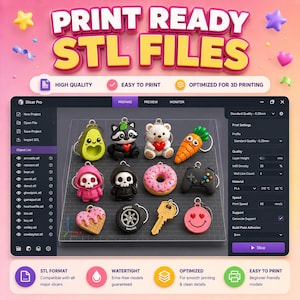 May include: A digital interface displaying a collection of 3D printable keychain designs including an avocado, raccoon, bear, carrot, skulls, donut, game controller, heart waffle, tire, key, and smiley face, with text reading PRINT READY STL FILES.