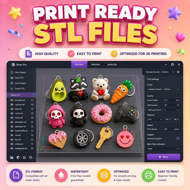 May include: A digital interface displaying a collection of 3D printable keychain designs including an avocado, raccoon, bear, carrot, skulls, donut, game controller, heart waffle, tire, key, and smiley face, with text reading PRINT READY STL FILES.