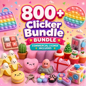Puede incluir: Una colección digital de 800+ Clicker Bundle de juguetes sensoriales con formas pop-it de silicona coloridas, incluyendo un cactus, personajes de plátano, cupcakes, un muñeco de nieve, un corazón, un topo y varios cubos fidget sobre fondo rosa.
