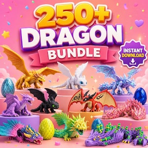 Könnte beinhalten: Eine digitale Grafik mit dem Text 250+ DRAGON BUNDLE und INSTANT DOWNLOAD. Das Bild zeigt eine Sammlung verschiedener Drachenfiguren in Farben wie Gelb, Weiß, Blau, Lila, Schwarz, Rot, Grün und Pink sowie verschiedene Dracheneier.