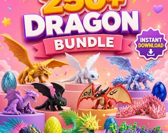 May include: A digital graphic featuring the text 250+ DRAGON BUNDLE and INSTANT DOWNLOAD. The image displays a collection of various dragon figurines in colors including yellow, white, blue, purple, black, red, green, and pink, with dragon eggs.