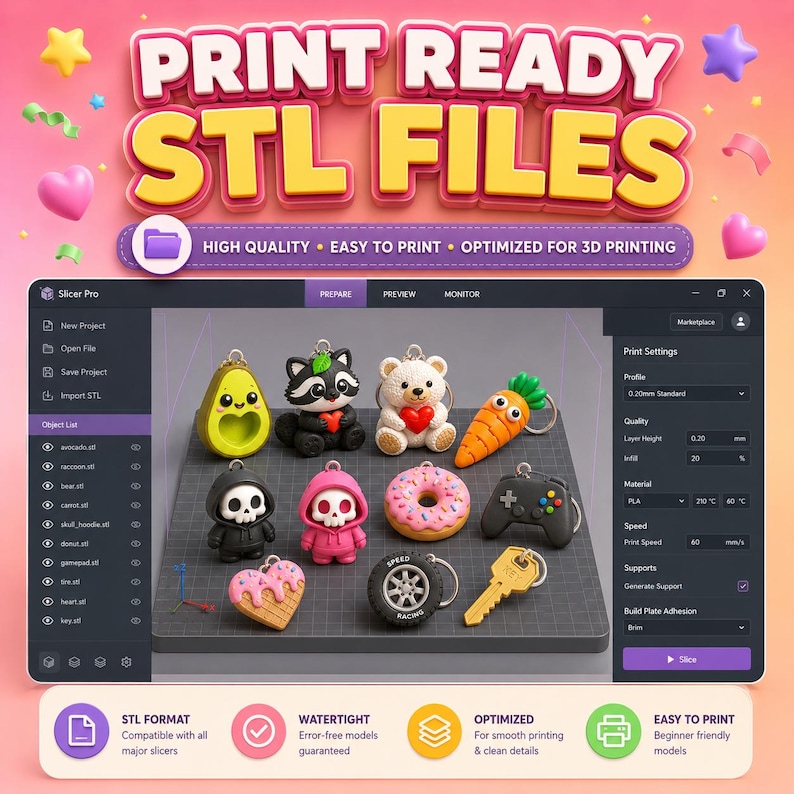 May include: A digital interface displaying a collection of 3D printable STL files for keychains, including an avocado, raccoon, bear, carrot, skulls in hoodies, donut, game controller, tire, heart, and key, with print settings visible on the right.