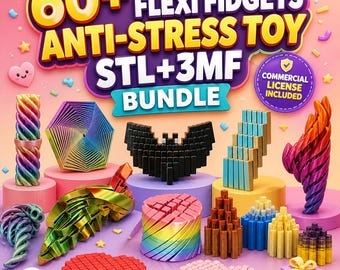 May include: A digital bundle of 60+ flexi fidget anti-stress toy STL and 3MF files. The image displays various colorful 3D printed objects including spiral towers, geometric shapes, a black bat, and heart-shaped pixelated blocks with a commercial license.