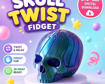 May include: A metallic, iridescent blue and purple skull-shaped fidget toy with vertical segments. The text reads SKULL TWIST FIDGET, STL + 3MF DIGITAL DOWNLOAD, TWIST & RELAX, FIDGET FUN, and 3D PRINT READY, surrounded by floating stars and spheres.