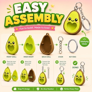 May include: An avocado-shaped keychain assembly kit featuring a front shell, inner insert, back shell, metal chain, and key ring. The instructional graphic displays four steps for assembly, labeled with text including EASY ASSEMBLY and Fun to build.