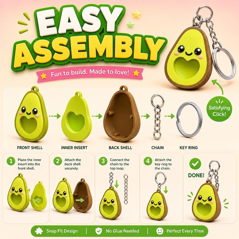 May include: An avocado-shaped keychain assembly kit featuring a front shell, inner insert, back shell, metal chain, and key ring. The instructional graphic displays four steps for assembly, labeled with text including EASY ASSEMBLY and Fun to build.