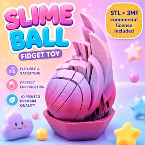 Op de afbeelding: Een 3D-geprint slime ball fidget toy met een roze en paarse gradiëntafwerking, met een gesegmenteerd, gelaagd ontwerp dat in een zeshoekige basis rust. De tekst op de afbeelding luidt SLIME BALL FIDGET TOY, STL + 3MF commercial license included.