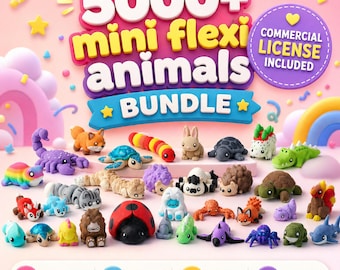 May include: A digital bundle of 5000+ mini flexi animals featuring various colorful, articulated 3D-printed style figurines like a ladybug, scorpion, turtle, and fox. The graphic includes the text 5000+ mini flexi animals BUNDLE and COMMERCIAL LICENSE INCLUDED.