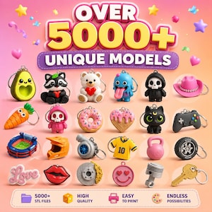 May include: A collection of various miniature keychains featuring diverse shapes including an avocado, raccoon, bear, skull, donut, heart, cat, game controller, stadium, helmet, turbocharger, jersey, kettlebell, tire, lips, and key.