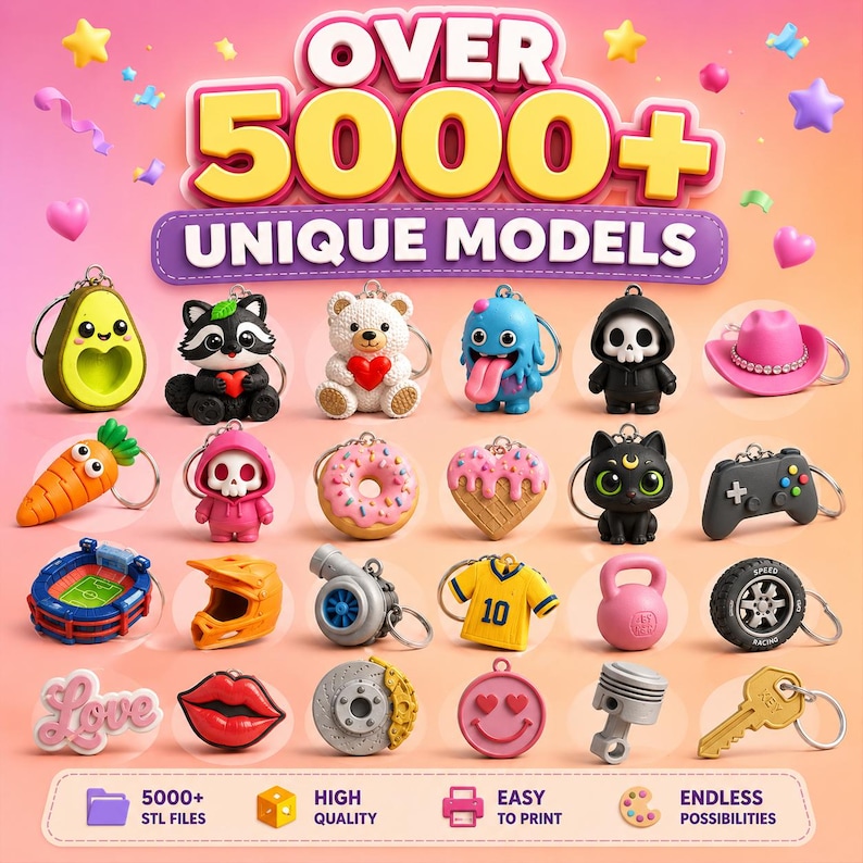 May include: A collection of various miniature keychains featuring diverse shapes including an avocado, raccoon, bear, skull, donut, heart, cat, game controller, stadium, helmet, turbocharger, jersey, kettlebell, tire, lips, and key.