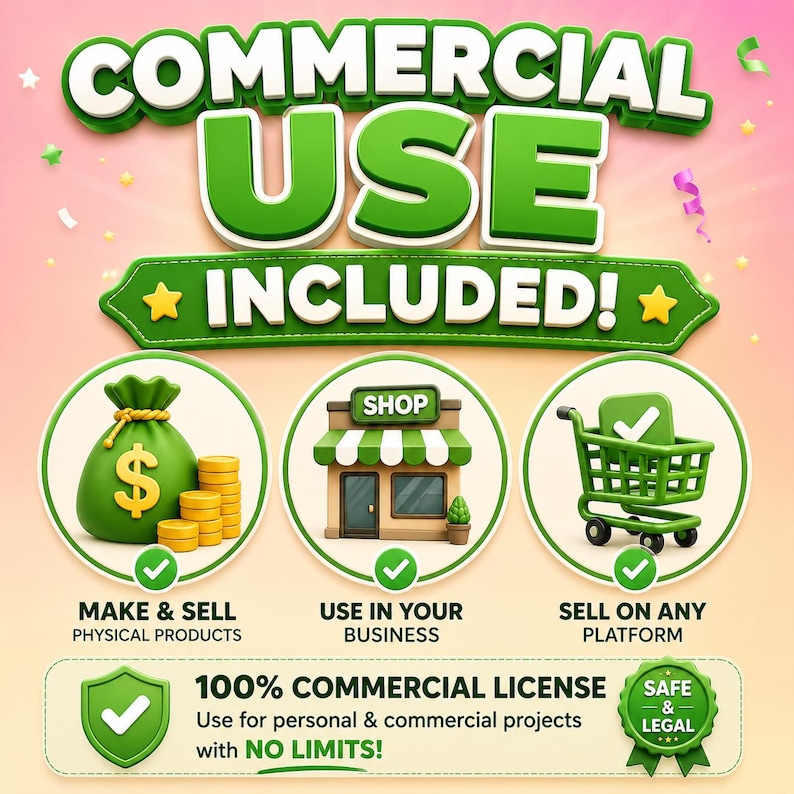 May include: A graphic featuring the text COMMERCIAL USE INCLUDED! with icons of a green money bag, a small shop, and a green shopping cart. Below, a banner states 100% COMMERCIAL LICENSE, Use for personal & commercial projects with NO LIMITS!