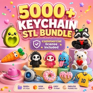 Könnte beinhalten: Eine digitale Sammlung von über 5000 Schlüsselanhänger-STL-Dateien mit verschiedenen 3D-Designs, darunter eine Avocado, eine Karotte, ein Waschbär, ein Totenkopf, ein Monster, ein Teddybär, ein rosa Cowboyhut, ein Turbolader, ein Donut, ein Herz und ein Trikot.