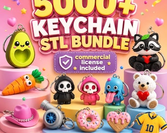 May include: A digital collection of 5000+ keychain STL files featuring various 3D designs including an avocado, a carrot, a raccoon, a skull, a monster, a teddy bear, a pink cowboy hat, a turbocharger, a donut, a heart, and a jersey.