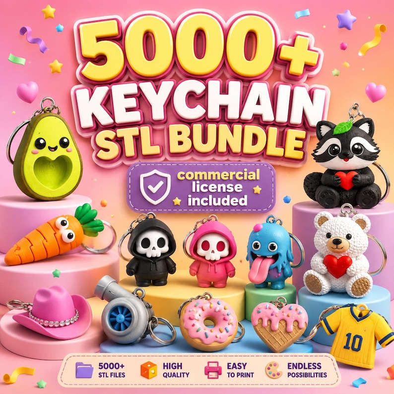 May include: A digital collection of 5000+ keychain STL files featuring various 3D designs including an avocado, a carrot, a raccoon, a skull, a monster, a teddy bear, a pink cowboy hat, a turbocharger, a donut, a heart, and a jersey.