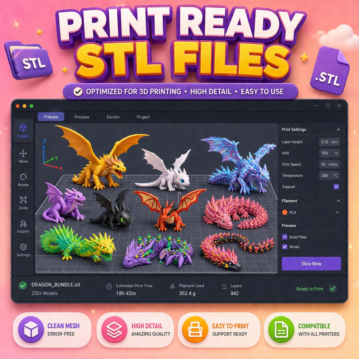 250+ Dragon STL Bundle | Flexi Articulated Dragons | Fantasy 3D Print ...