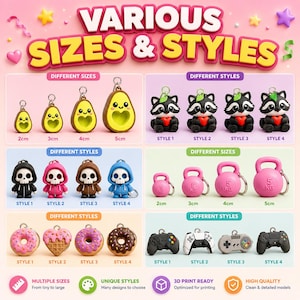 May include: A collection of 3D printable keychain models featuring various designs including avocados, raccoons, skulls in hoodies, kettlebells, donuts, and game controllers. Each category displays four distinct styles and sizes from 2cm to 5cm.