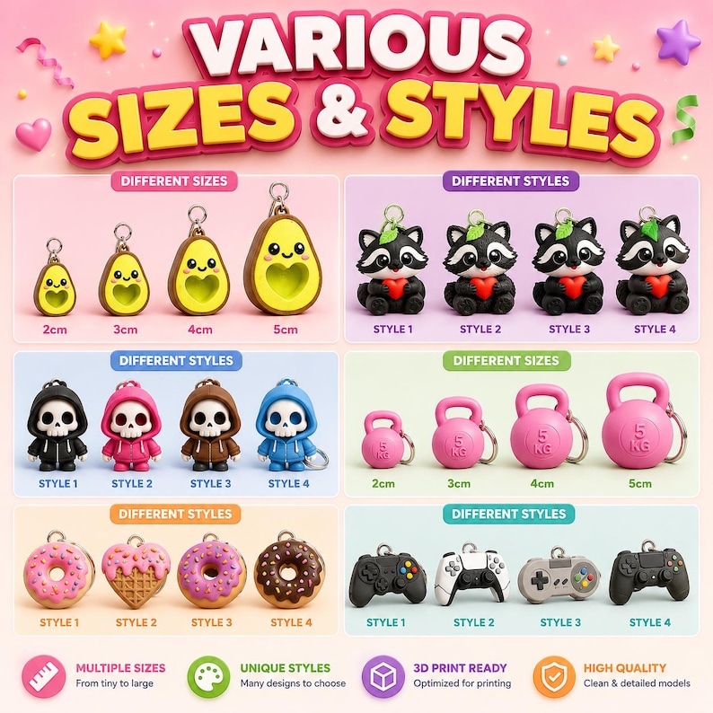 May include: A collection of 3D printable keychain models featuring various designs including avocados, raccoons, skulls in hoodies, kettlebells, donuts, and game controllers. Each category displays four distinct styles and sizes from 2cm to 5cm.
