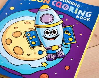 May include: A blue and yellow cartoon rocket with a smiling face is flying past a large yellow moon with craters. The rocket has a blue and yellow wing on each side. The background is purple with white stars. The book cover says "Moon Coloring Book".