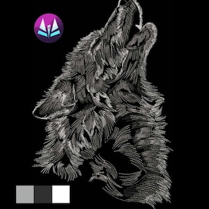 Diseño de bordado de lobo para telas oscuras, 6 tamaños (descarga instantánea)