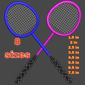 May include: Two embroidered badminton rackets, one blue and one pink, are crossed against a gray background. The text "8 sizes" is displayed in orange. Measurements from 1.5 to 7.5 inches are listed.