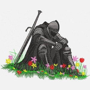 May include: An embroidered design of a knight in black armor, seated with a sword leaning against their back. The knight is surrounded by green grass and colorful flowers in red, pink, yellow, and purple.