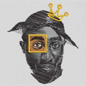 May include: An embroidered portrait of a person with a gold crown and a square frame around the eye. The portrait is created with black thread, and the eye is detailed with brown and gold thread. The crown is gold.