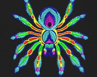 May include: An embroidered spider design on a black background. The spider is rendered in bright colours including blue, green, yellow, red, and pink. The spider's body and legs are intricately detailed with a textured, fuzzy appearance.