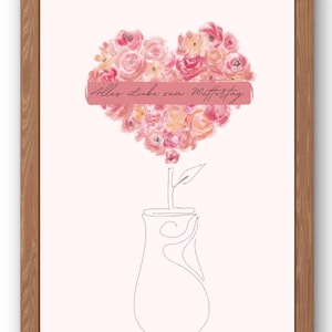 Regalo para el Día de la Madre, como tarjeta o cuadro de pared para regalar individualmente, Día de la Madre, rosa con flores y escritura, impresión digital de última hora