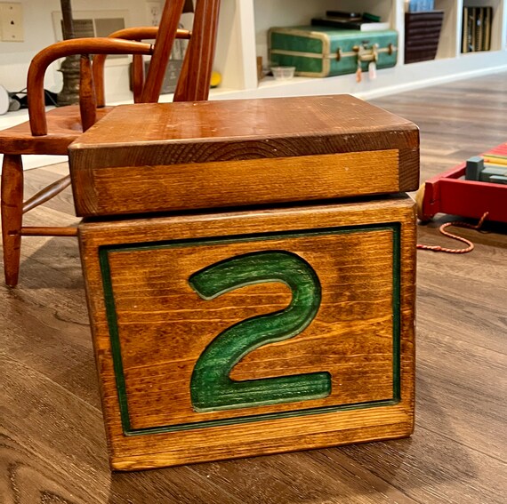 Adorable Square Vintage Wooden Toy Chest Made to Look Like a Building Block With Numbers and Dog on the Sides Etsy